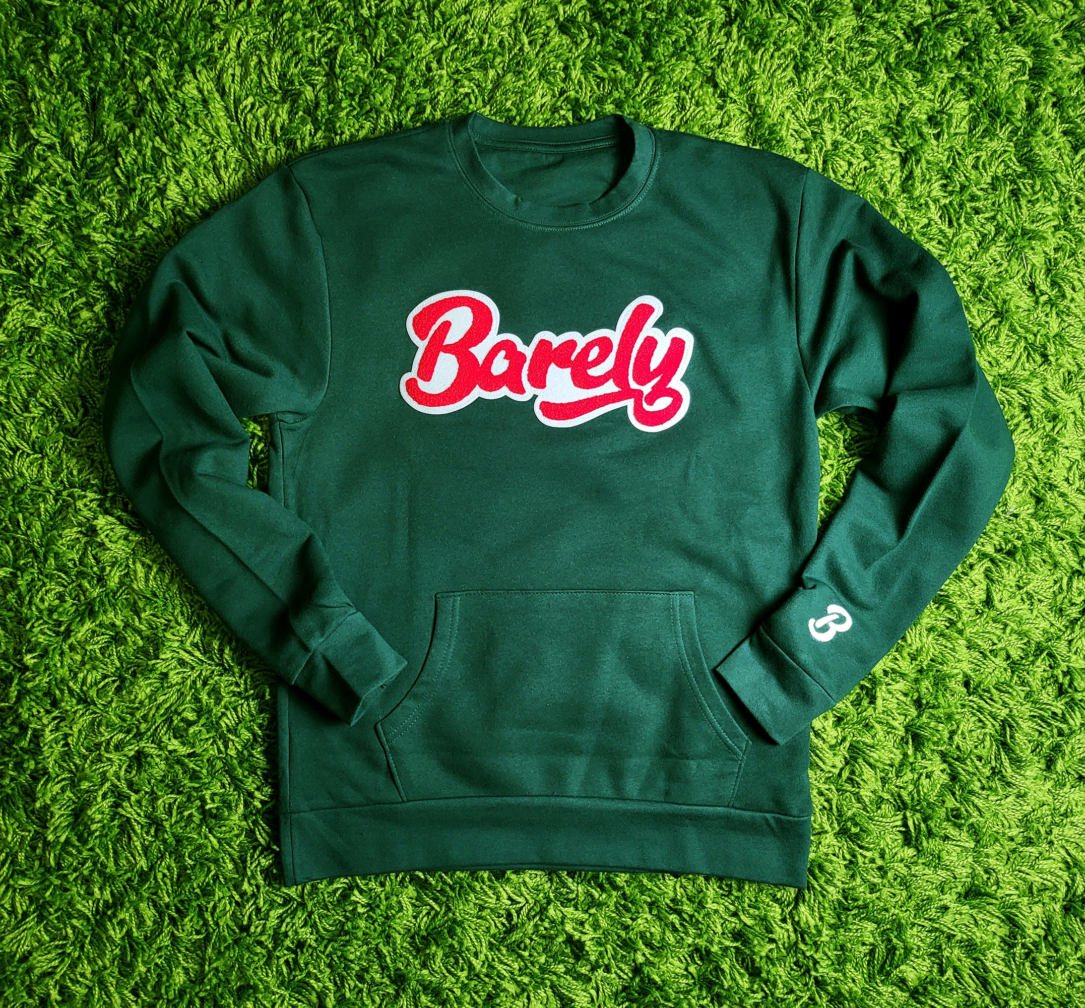 Barely "Script" Chenille Logo Crew Neck Sweatshirt - (Grn/Red) - Barely Ordinary