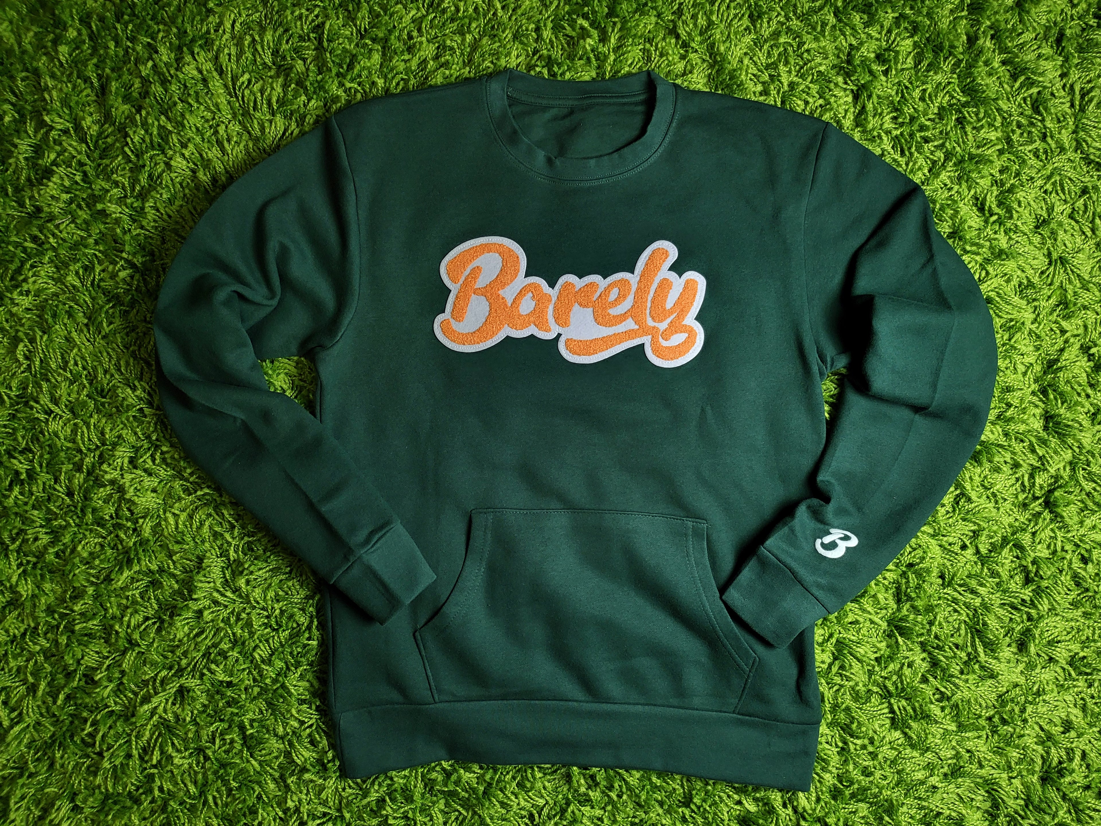 Barely "Script" Chenille Logo Crew Neck Sweatshirt - (Grn/Org) - Barely Ordinary