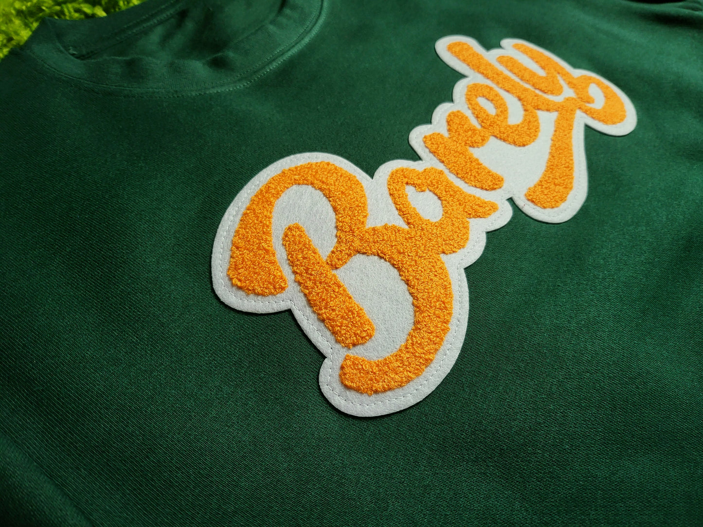 Barely "Script" Chenille Logo Crew Neck Sweatshirt - (Grn/Org) - Barely Ordinary