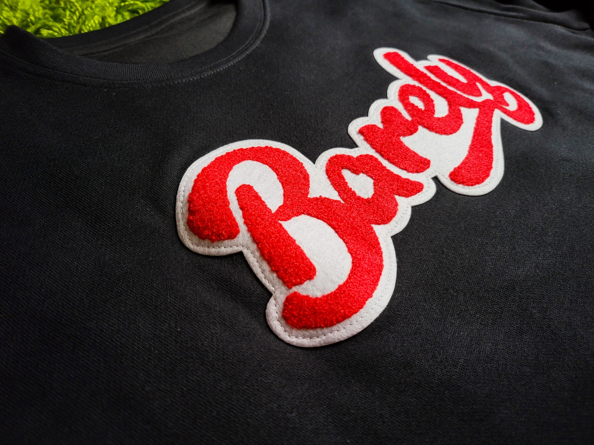 Barely "Script" Chenille Logo Crew Neck Sweatshirt - (Blk/Red) - Barely Ordinary