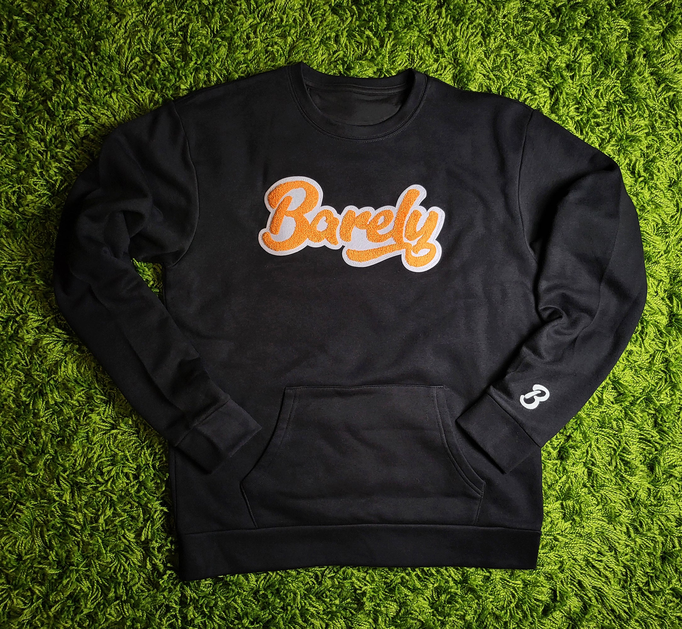 Barely "Script" Chenille Logo Crew Neck Sweatshirt - (Blk/Org) - Barely Ordinary
